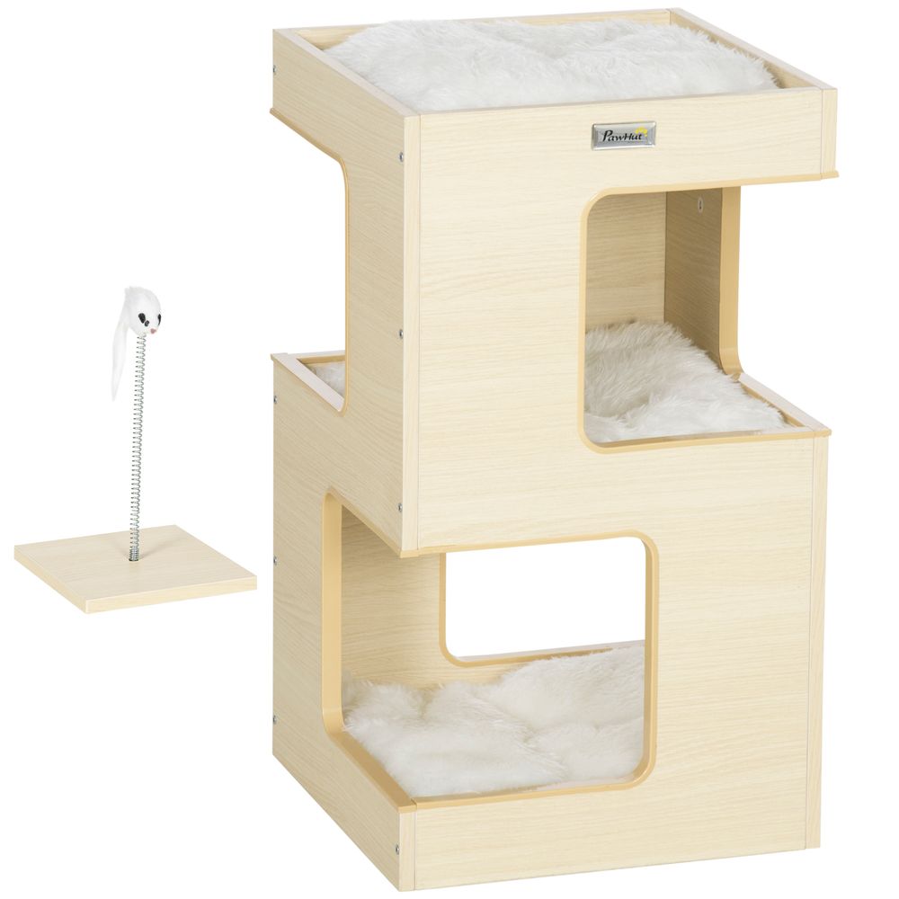 Tonneau pour chat en bois d'ingénierie intérieur 3 niveaux avec jouet 34x34x60cm gris