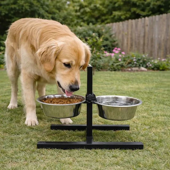 Mangeoire chien sur pied réglable + 2 gamelles ø de 19 cm