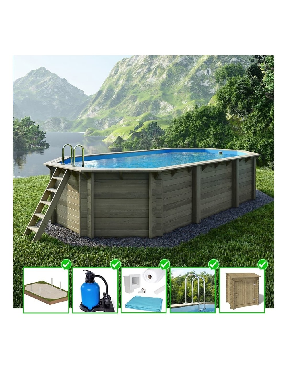 Piscine en bois nemo 7,3x3,97 - h.1,45 m cadre en métal, sans dalle béton - bas7305ospu+sza - altanka