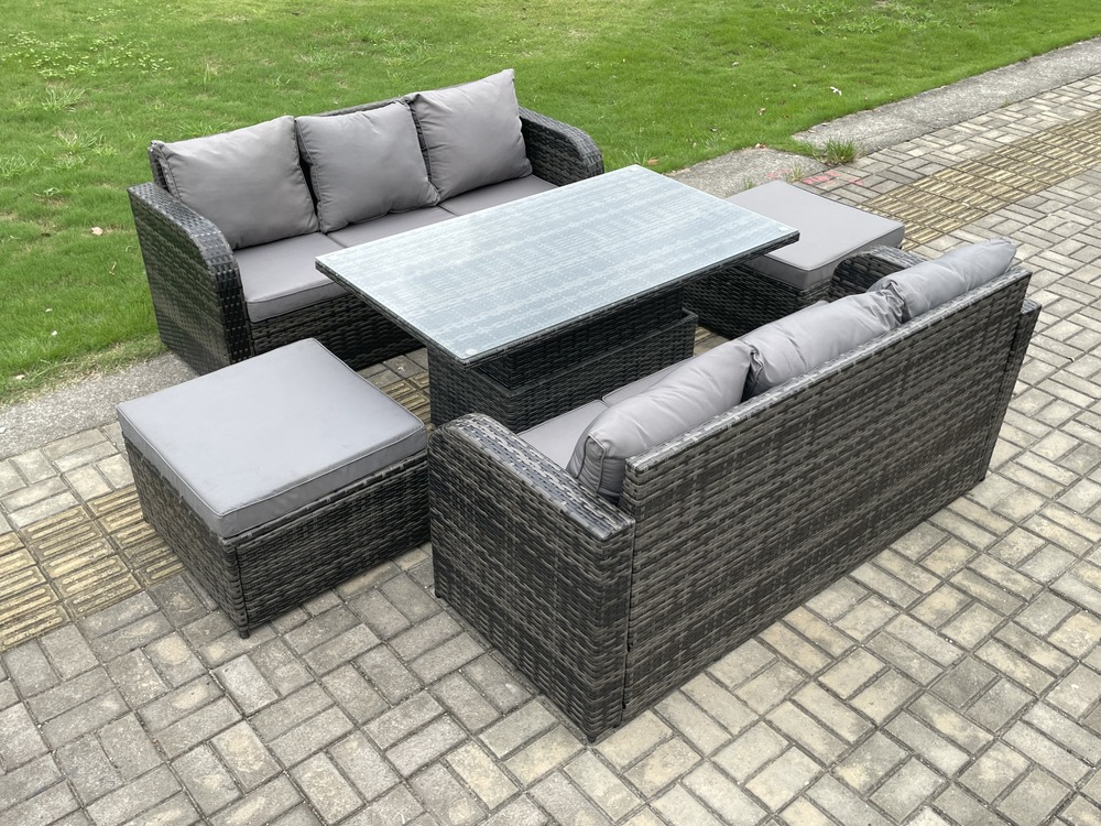 Mobilier à dîner de jardin 8 places ave table à manger réglable en hauteur canapé 3 places 2 grand tabourets mélange gris foncé