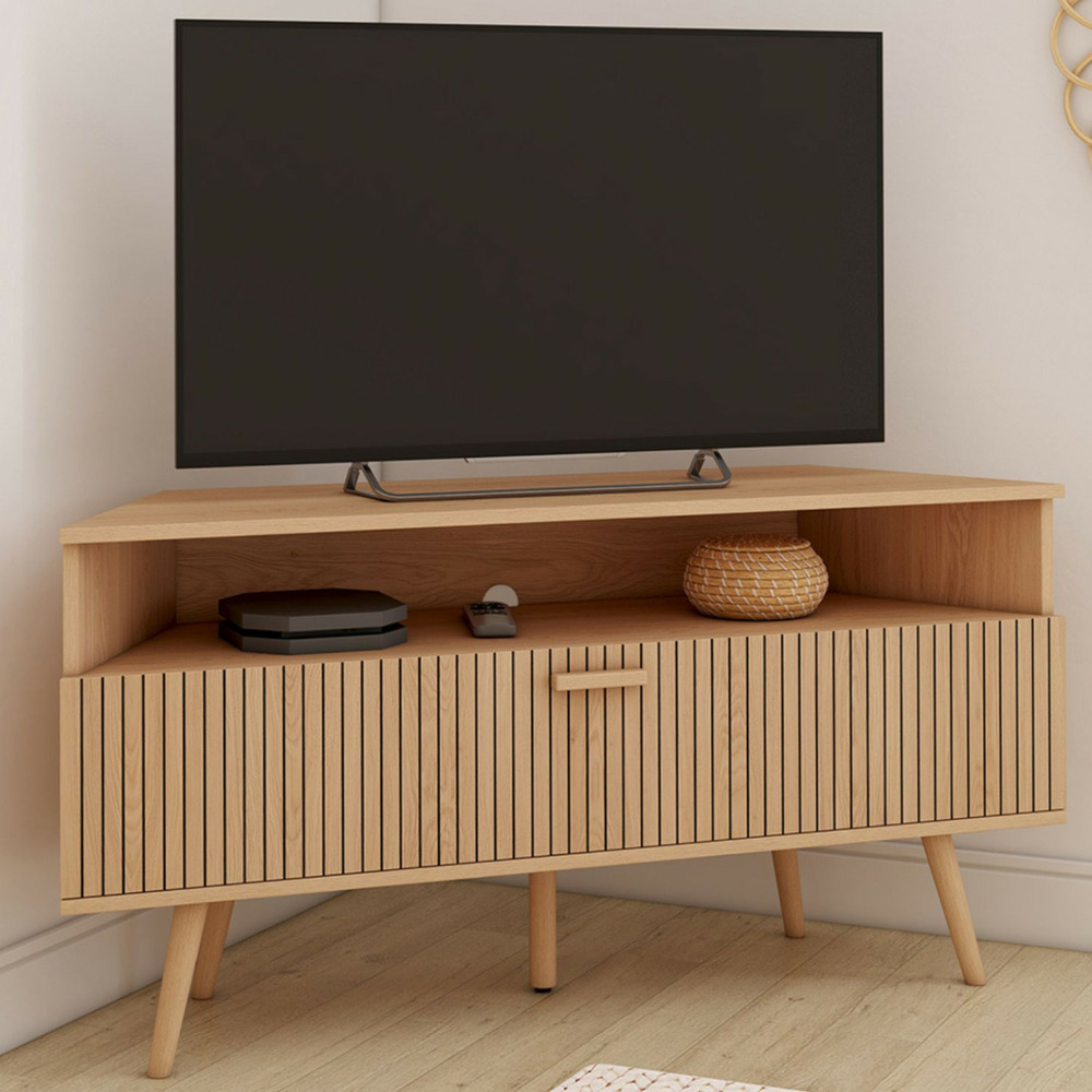 Meuble tv 110 cm d'angle juliette 1 porte effet lattes coloris chêne
