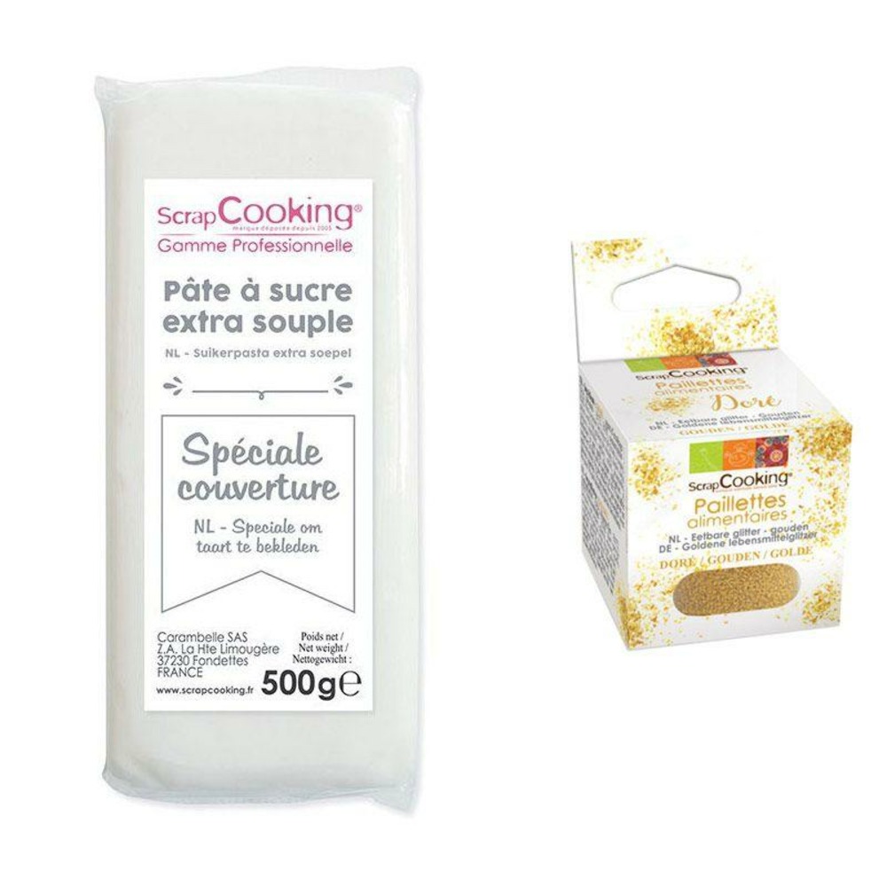 Pâte à sucre de couverture blanche 500 g + paillettes dorées