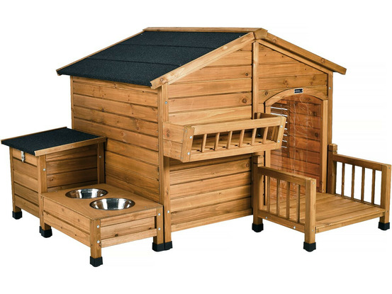 Niche pour chien en bois avec mangeoire et boite de rangement