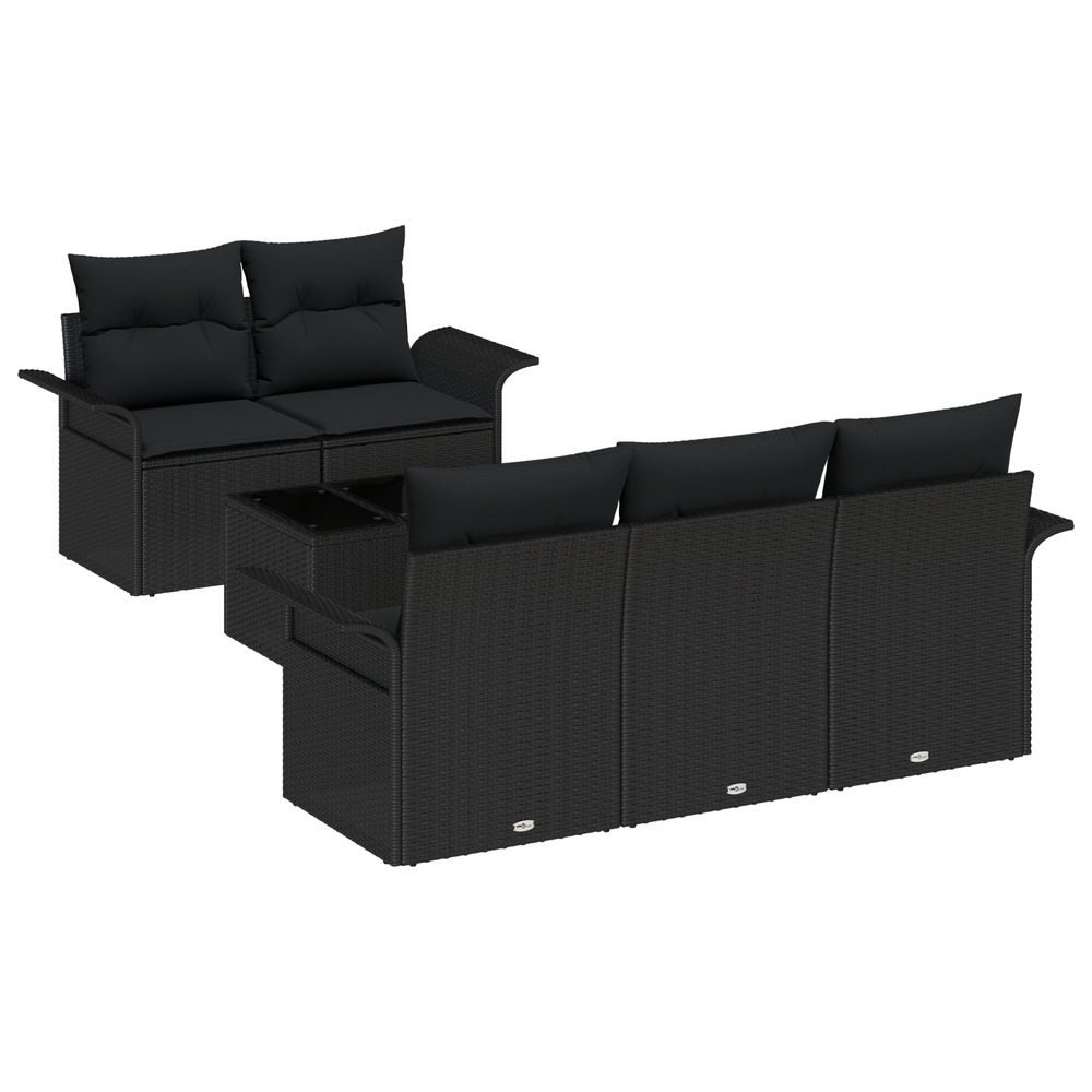 Ensemble de canapé de jardin 6 pièces avec coussins noir poly rattan