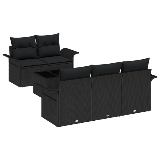 Ensemble de canapé de jardin 6 pièces avec coussins noir poly rattan