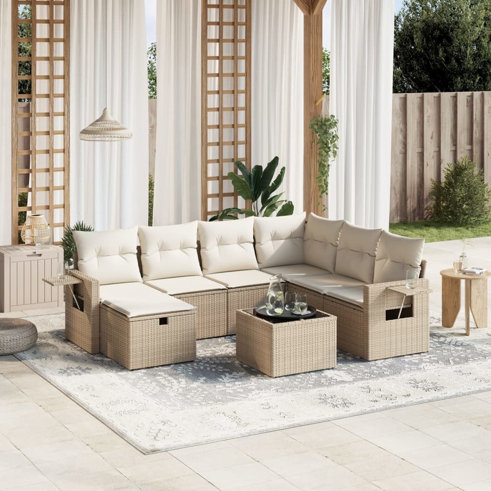 Salon de jardin avec coussins 8 pcs beige résine tressée