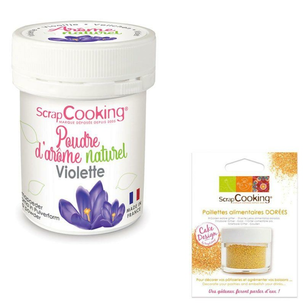 Arôme alimentaire naturel en poudre violette + paillettes dorées