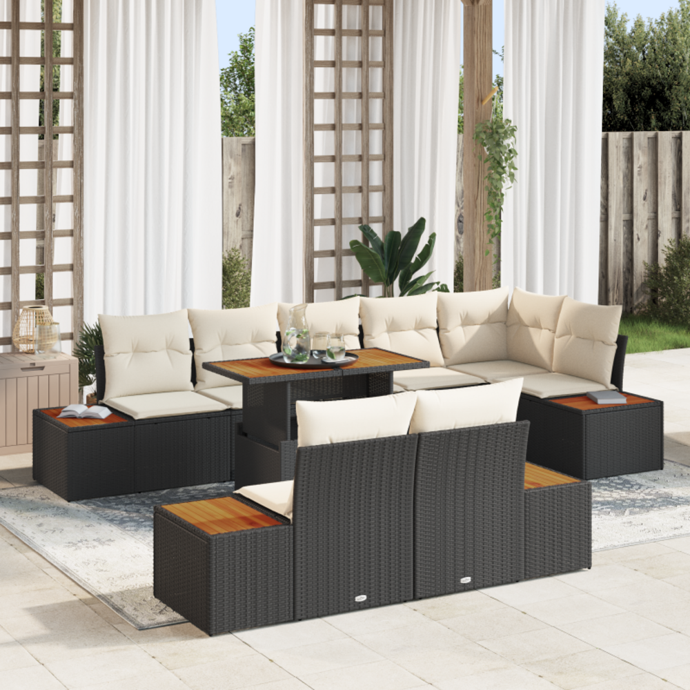 Ensemble de salle à manger de jardin de 9 pièces avec coussins en poly rattan noir et acacia