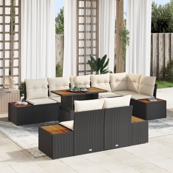 Ensemble de salle à manger de jardin de 9 pièces avec coussins en poly rattan noir et acacia