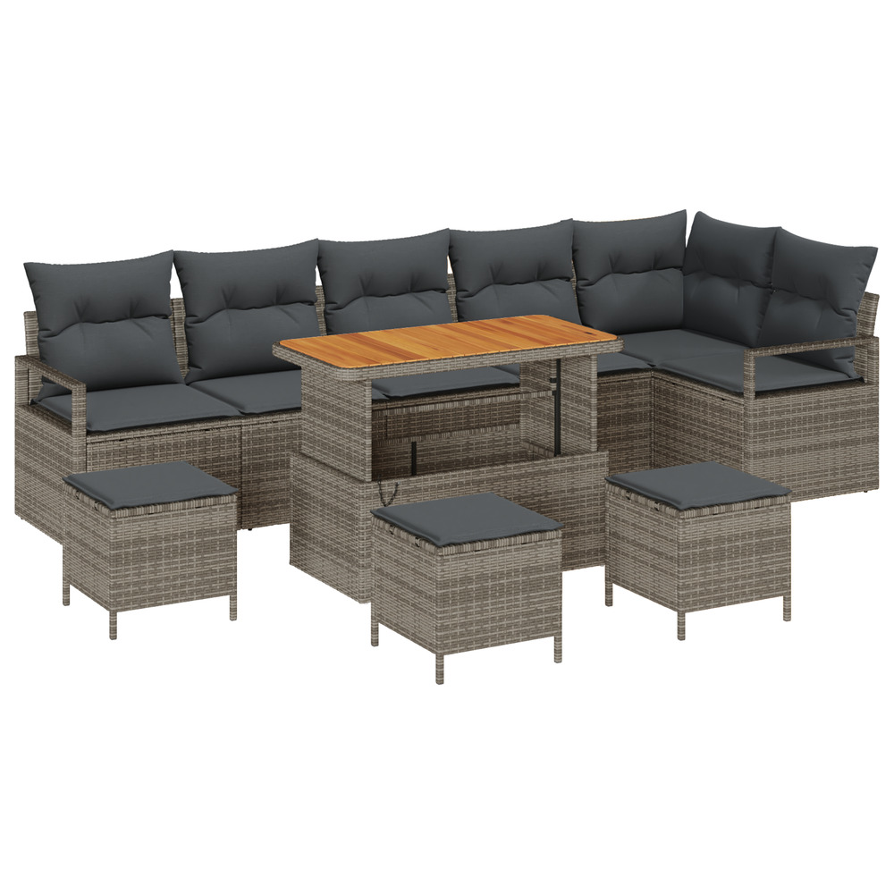 Ensemble de canapé de jardin 10 pièces avec coussins gris poly rattan acacia