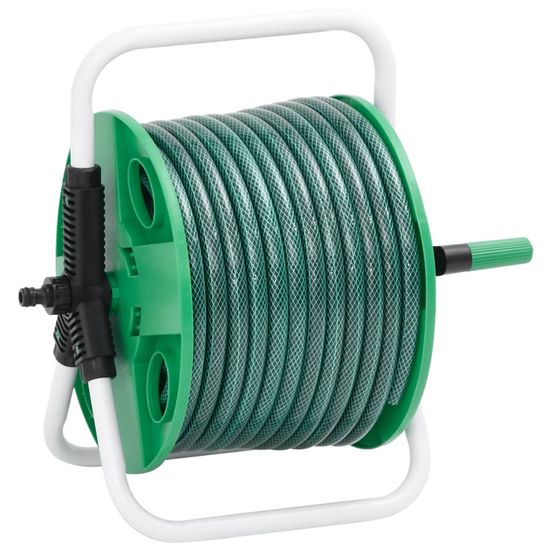 Enrouleur de tuyau vert sur pied avec tuyau de 30 m pvc