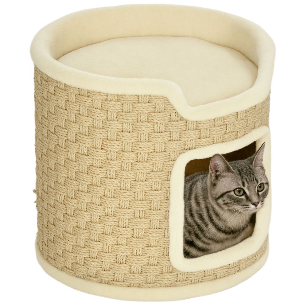Tour griffoir pour chat en bois avec corde végétale espace jeu 38x37cm kaki
