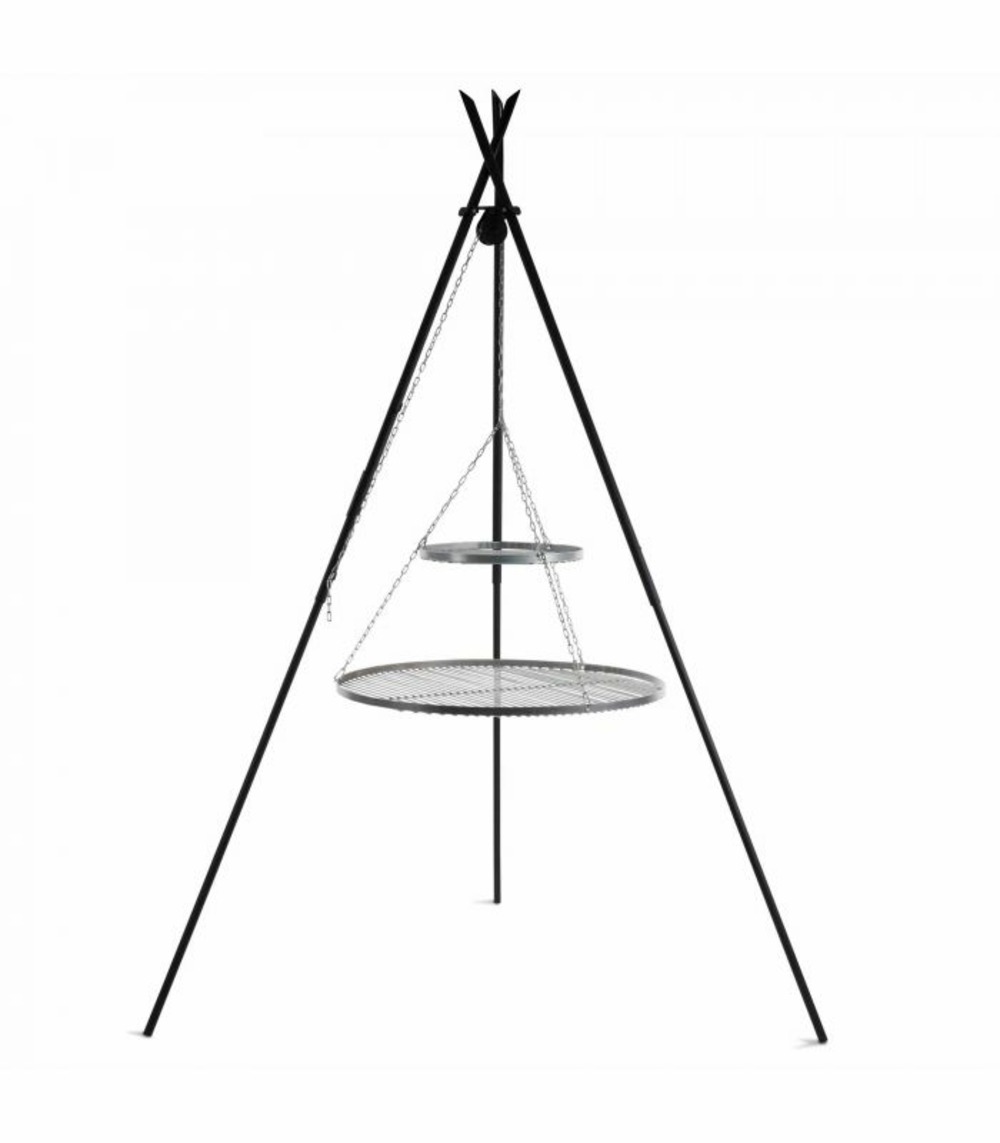 Barbecue 2 grilles de cuisson suspendu « tipi » sur trépied 210 cm – en acier inox 70 cm et 40 cm