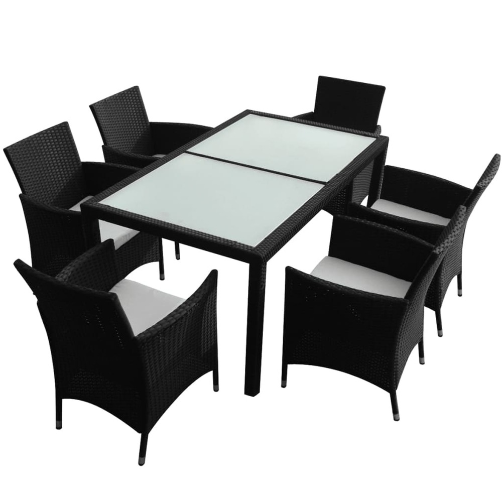 Mobilier à dîner salon de jardin 7 pièces avec coussins résine tressée noir