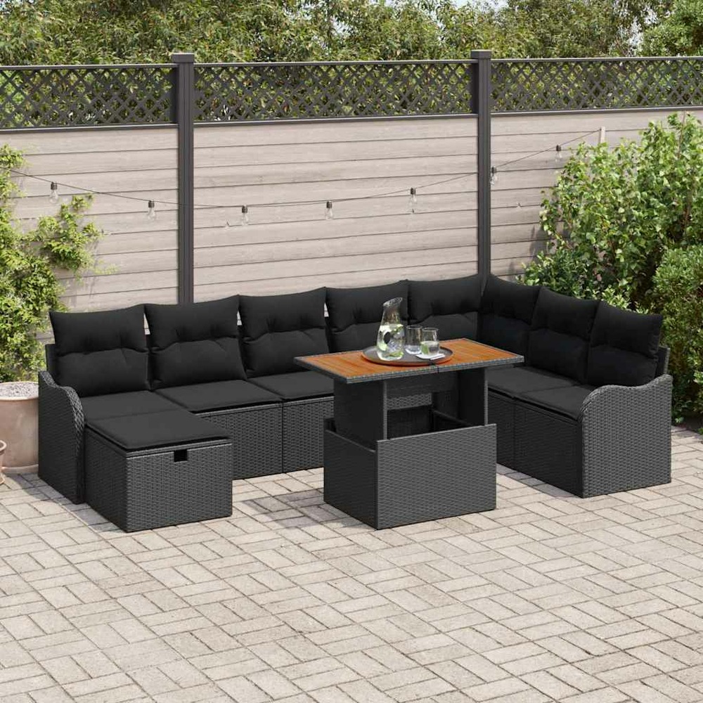 Ensemble de canapé de jardin avec coussin 9 pcs noir polyrotin