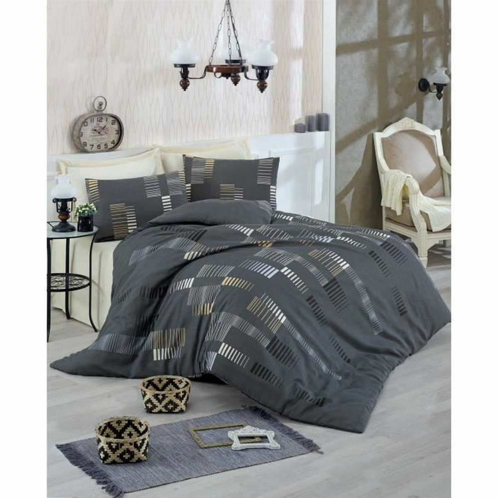 Parure de lit - housse de couette 220 x 240 + 2 taies d'oreiller 60 x 60, 65% coton- anthracite