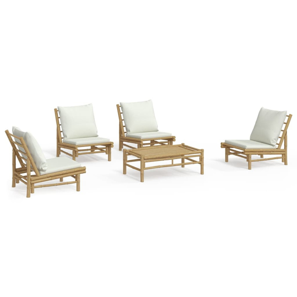 Salon de jardin 5 pcs avec coussins blanc crème bambou