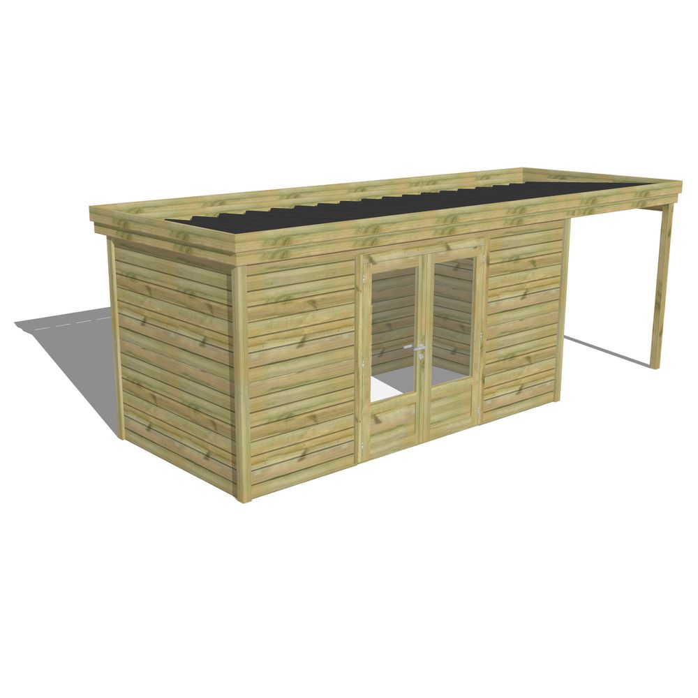Abri de jardin bois pin traité autoclave 27mm - 6,34x2,14m / 14m2 - bac acier - abri français