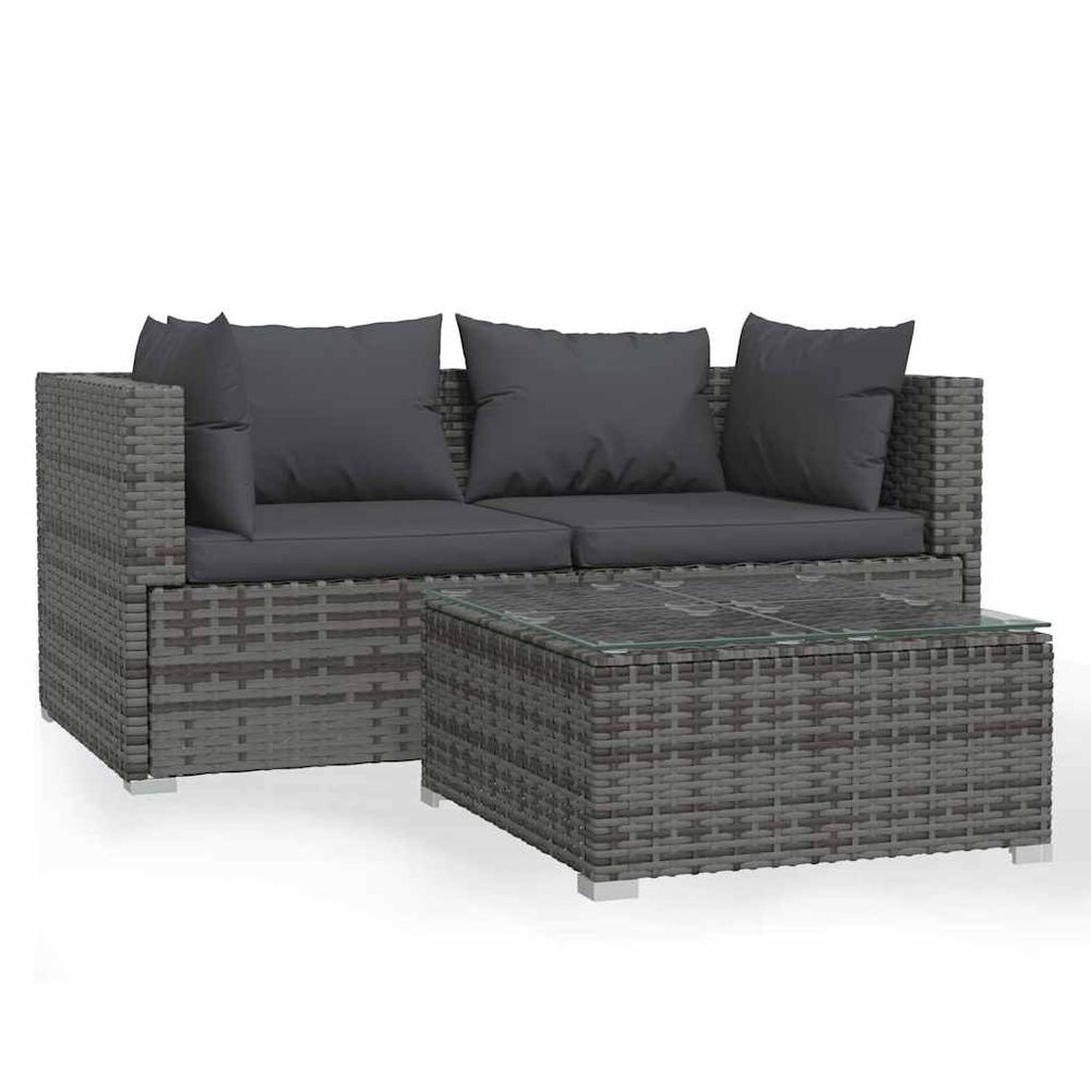 Salon de jardin 3 pcs avec coussins gris résine tressée