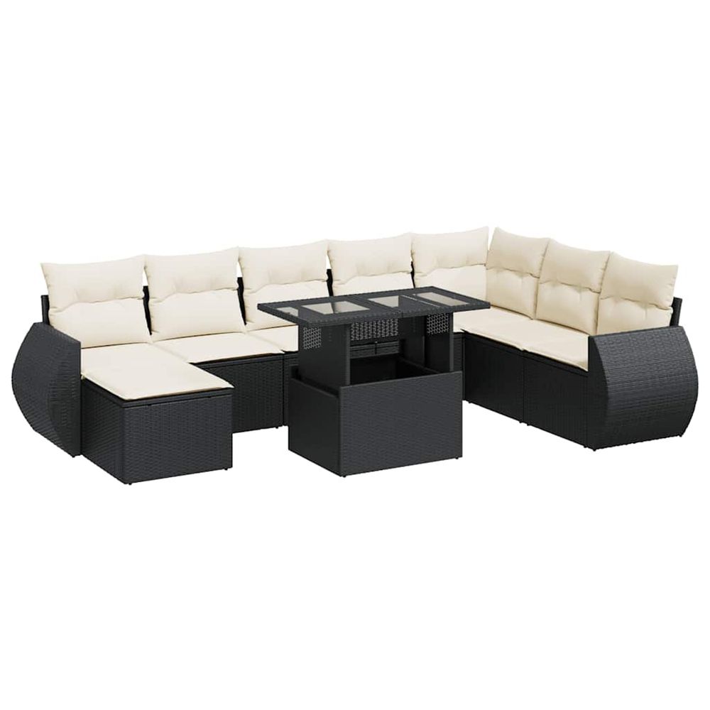Salon de jardin 9 pcs avec coussins noir résine tressée