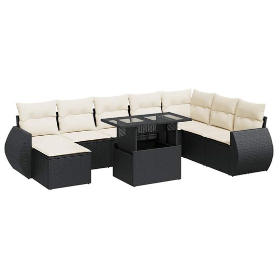 Salon de jardin 9 pcs avec coussins noir résine tressée