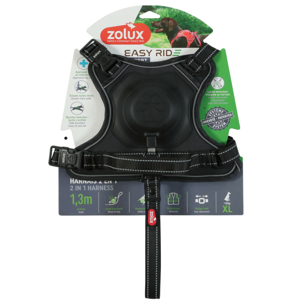 Harnais et laisse enrouleur intégré xl noir pour chien max 77 kg