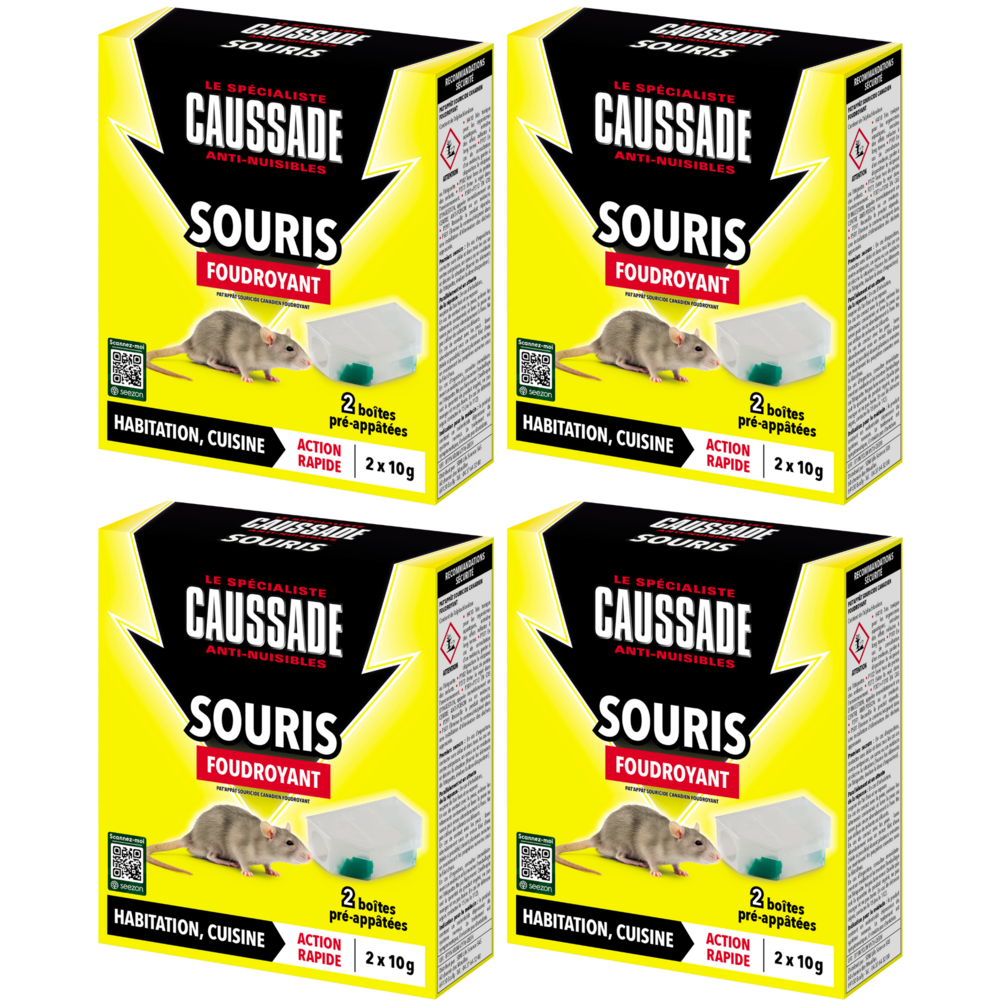 Caussade 8 boîtes anti-souris pré-appâtées – action foudroyante, prêtes à poser, usage lieux secs et humides, 4x20g