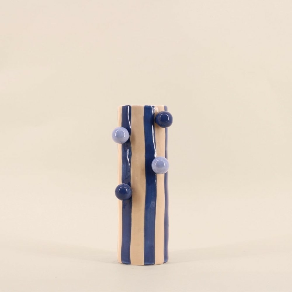 Vase rayé bleu et écru avec perles, h25cm