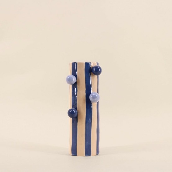 Vase rayé bleu et écru avec perles, h25cm