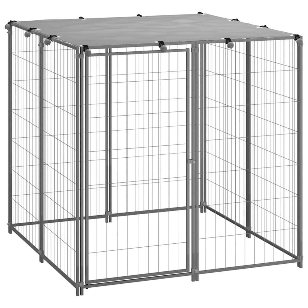 Chenil carré pour chien en acier avec toit de protection argenté 110x110x110 cm
