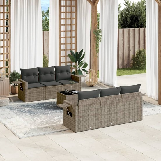 Salon de jardin avec coussins 7 pcs gris résine tressée