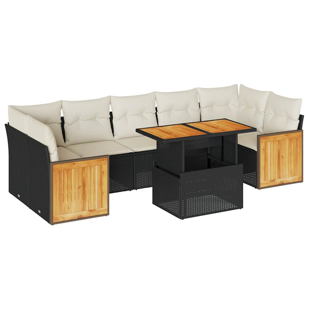Salon de jardin avec coussins 8 pcs noir résine tressée acacia