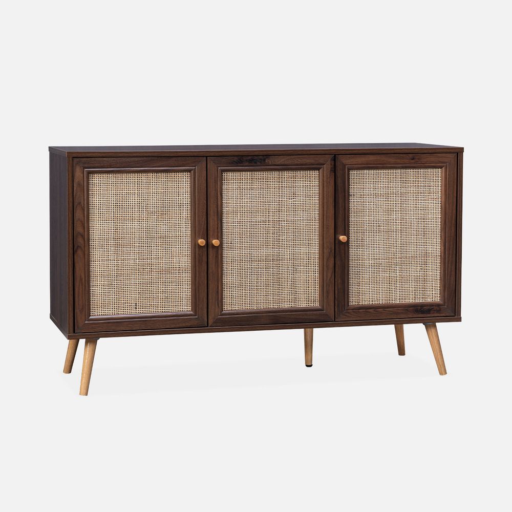 Buffet de rangement en cannage 120x39x70cm - 2 niveaux - 3 portes - pieds scandinaves - buffet bas