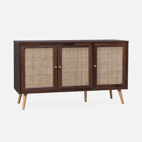 Buffet de rangement en cannage 120x39x70cm - 2 niveaux - 3 portes - pieds scandinaves - buffet bas