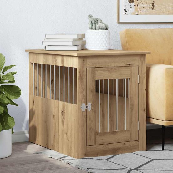 Meuble cage chien 2-en-1 bois acier table d'appoint chêne artisanal 65cm