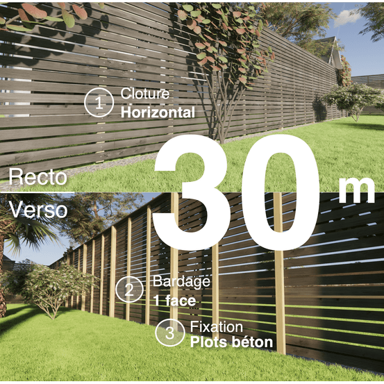 Kit clôture bois moderne 30m – h 2,3m – 20 x 70 mm noir par trempage – pose horizontal – simple face – à sceller