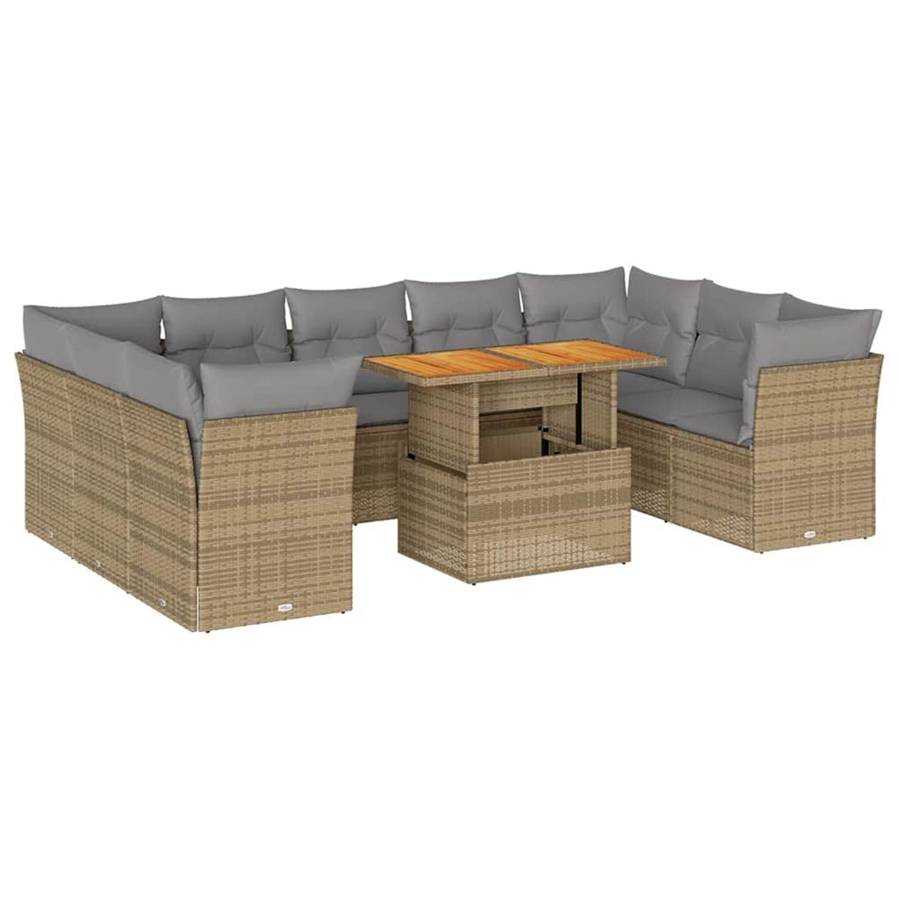 Salon de jardin avec coussins 10 pcs beige résine tressée