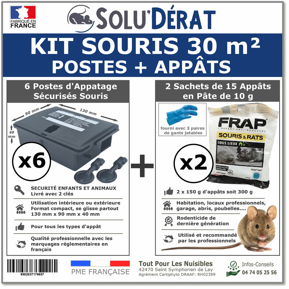 Kit souris 30 m² avec 6 postes d'appâtage sécurisés et 2 sachets de 150g d'appâts en pâte - solu'dérat