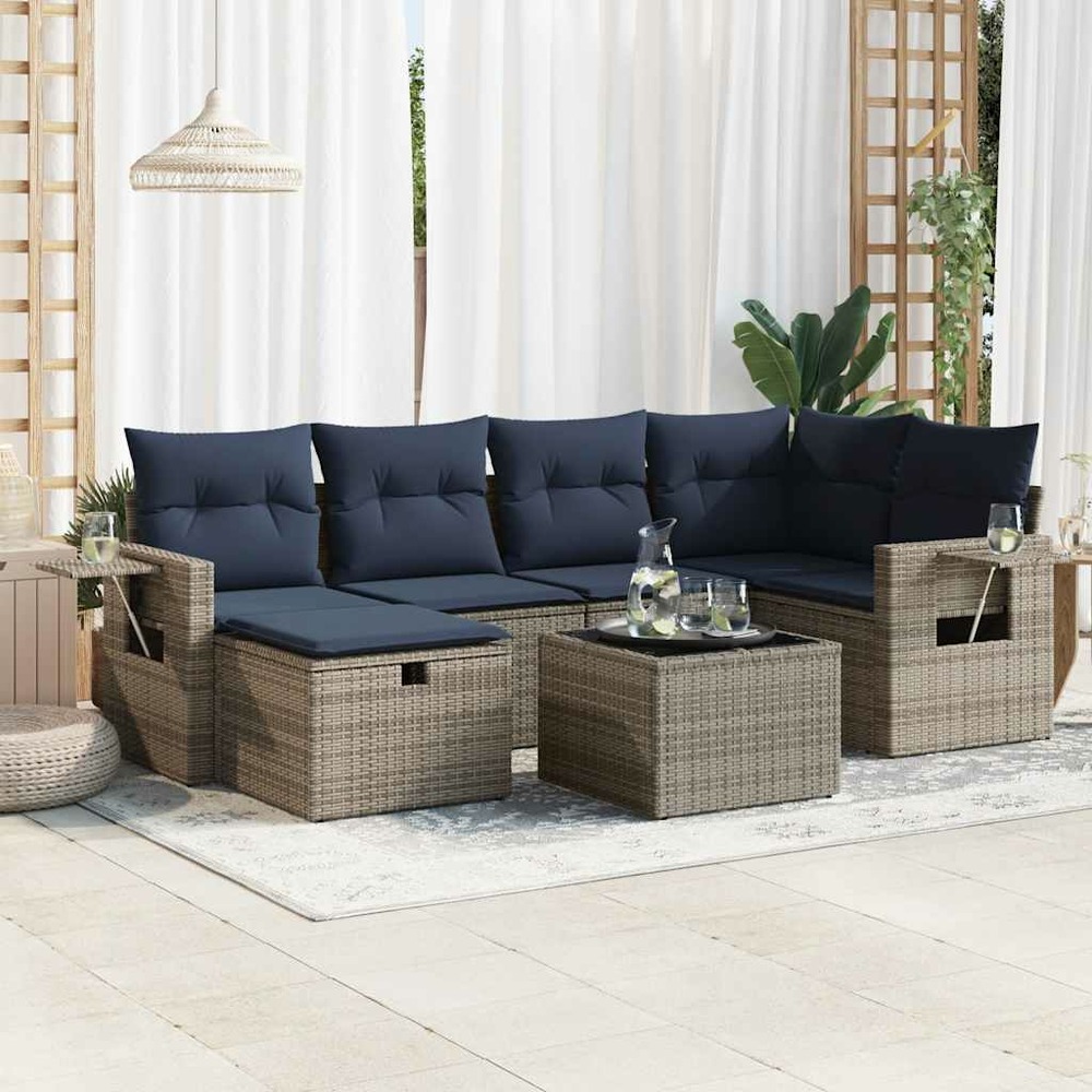 Salon de jardin avec coussins 7 pcs gris résine tressée