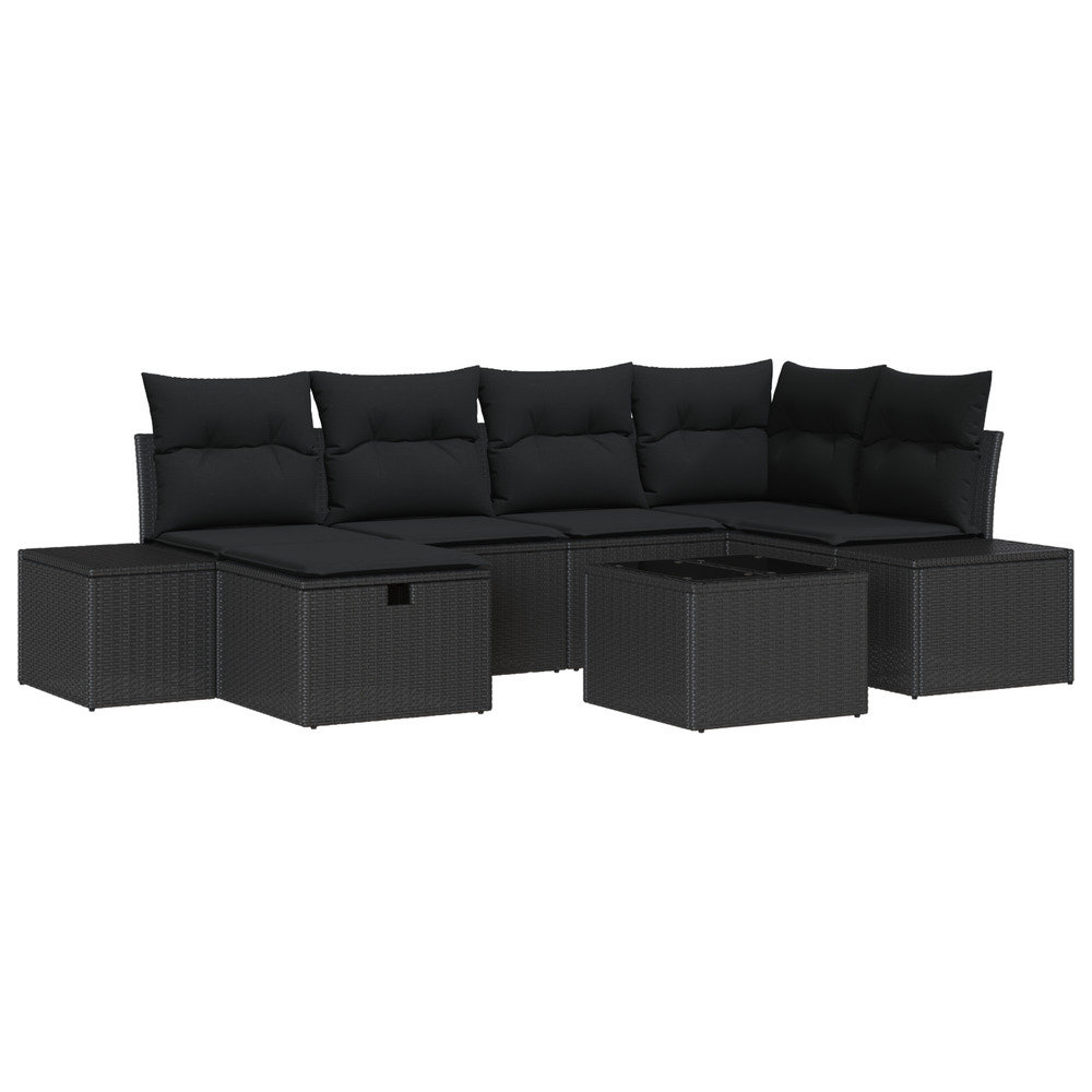 Ensemble de canapé de jardin 7 pièces avec coussins noir poly rotin