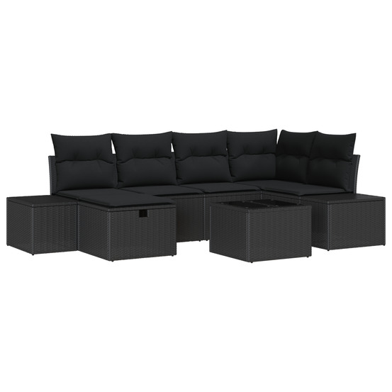 Ensemble de canapé de jardin 7 pièces avec coussins noir poly rotin