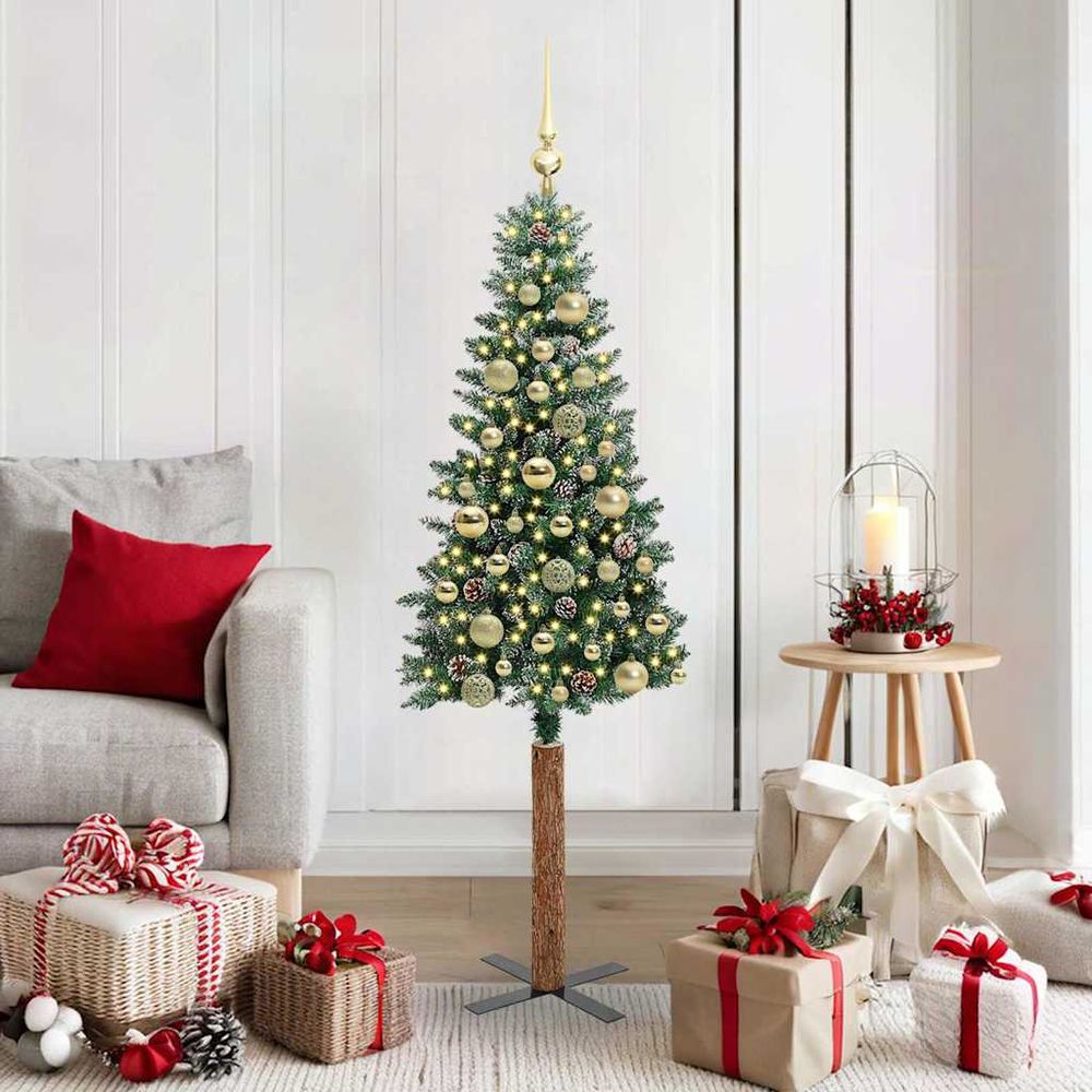 Sapin de noël artificiel mince enneigé 150 cm avec 150 led et 61 boules incluses