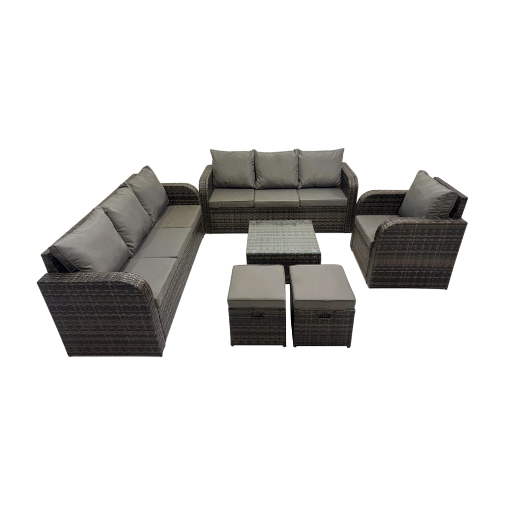 Salon de jardin exterieur avec canapés table basse carrée chaise inclinable 2 petits tabourets gris foncé mixte