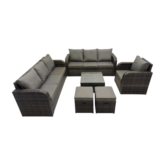 Salon de jardin exterieur avec canapés table basse carrée chaise inclinable 2 petits tabourets gris foncé mixte