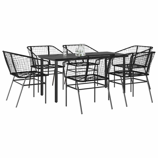 Ensemble à manger de jardin 7pcs noir poly rotin verre