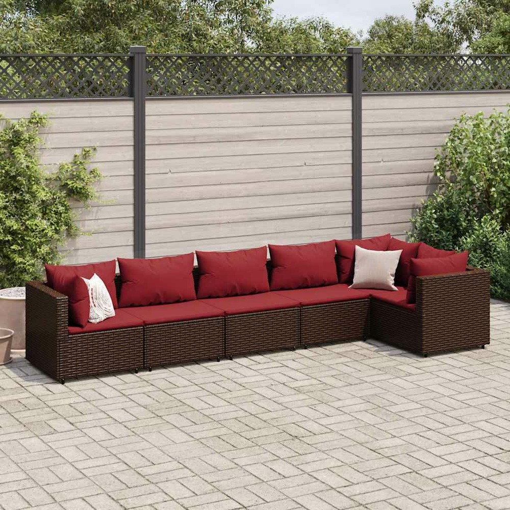 Salon de jardin 6 pcs avec coussins marron résine tressée