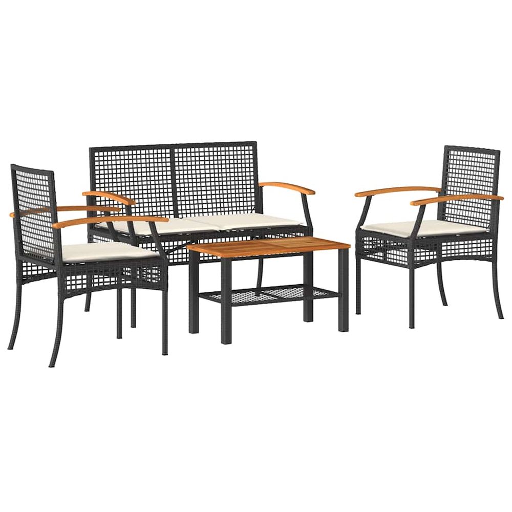 Salon de jardin 4 pcs avec coussins noir résine tressée