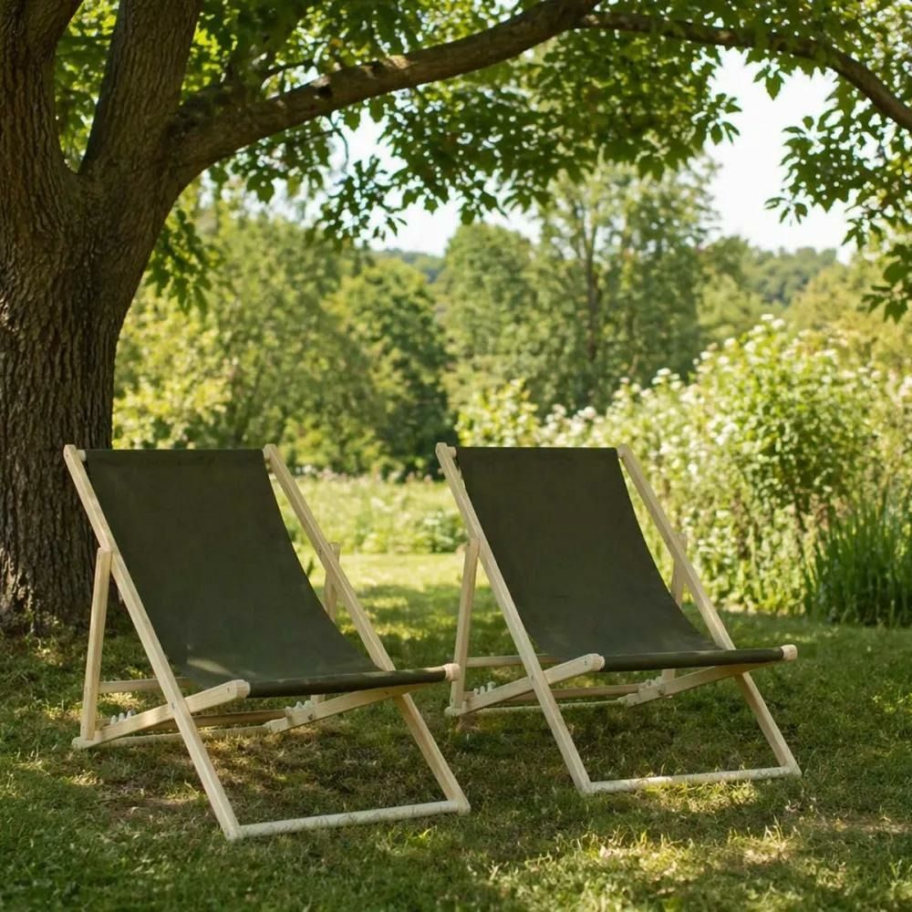 Lot de 2 chiliennes en bois de pin et toile coton kaki