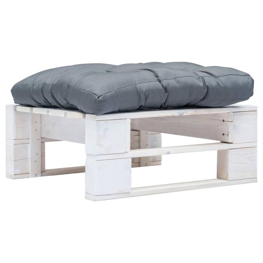 Repose-pied palette de jardin avec coussin gris blanc bois