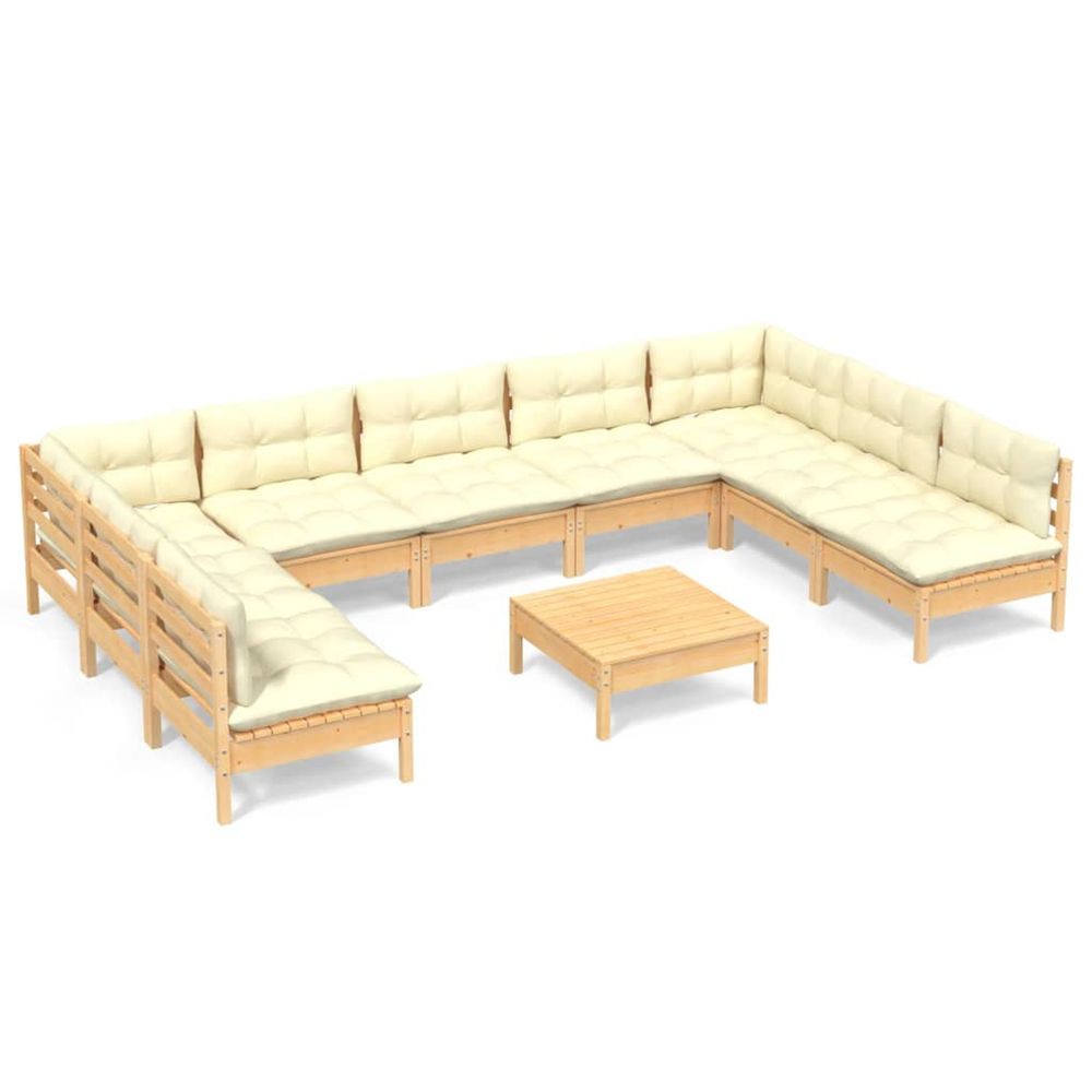 Salon de jardin 10 pcs avec coussins crème bois de pin massif